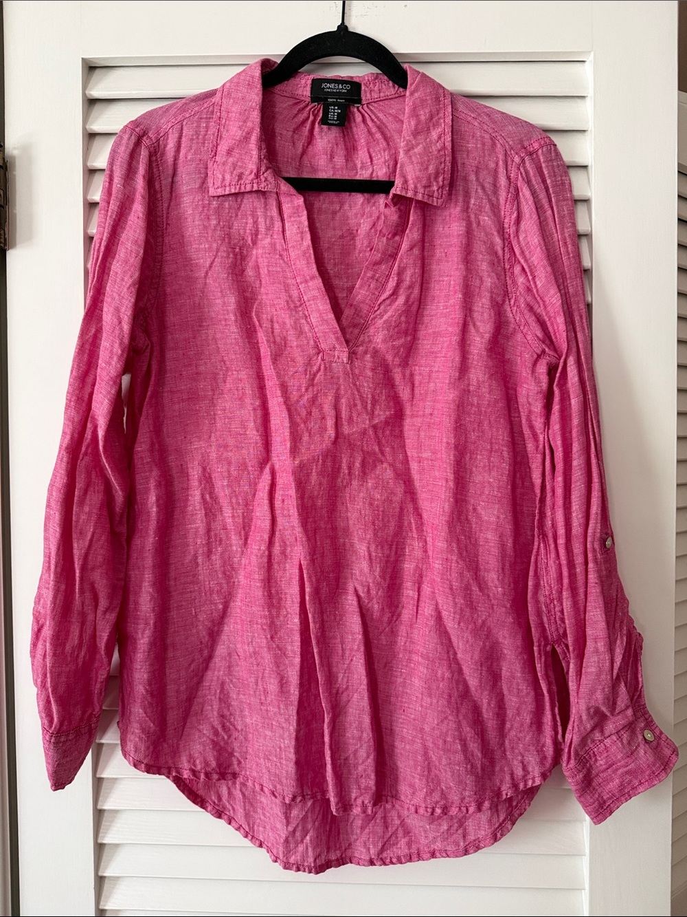 Jones & Co 100% Linen Pink Popover Blouse Roll Tab Sleeve Top Medium